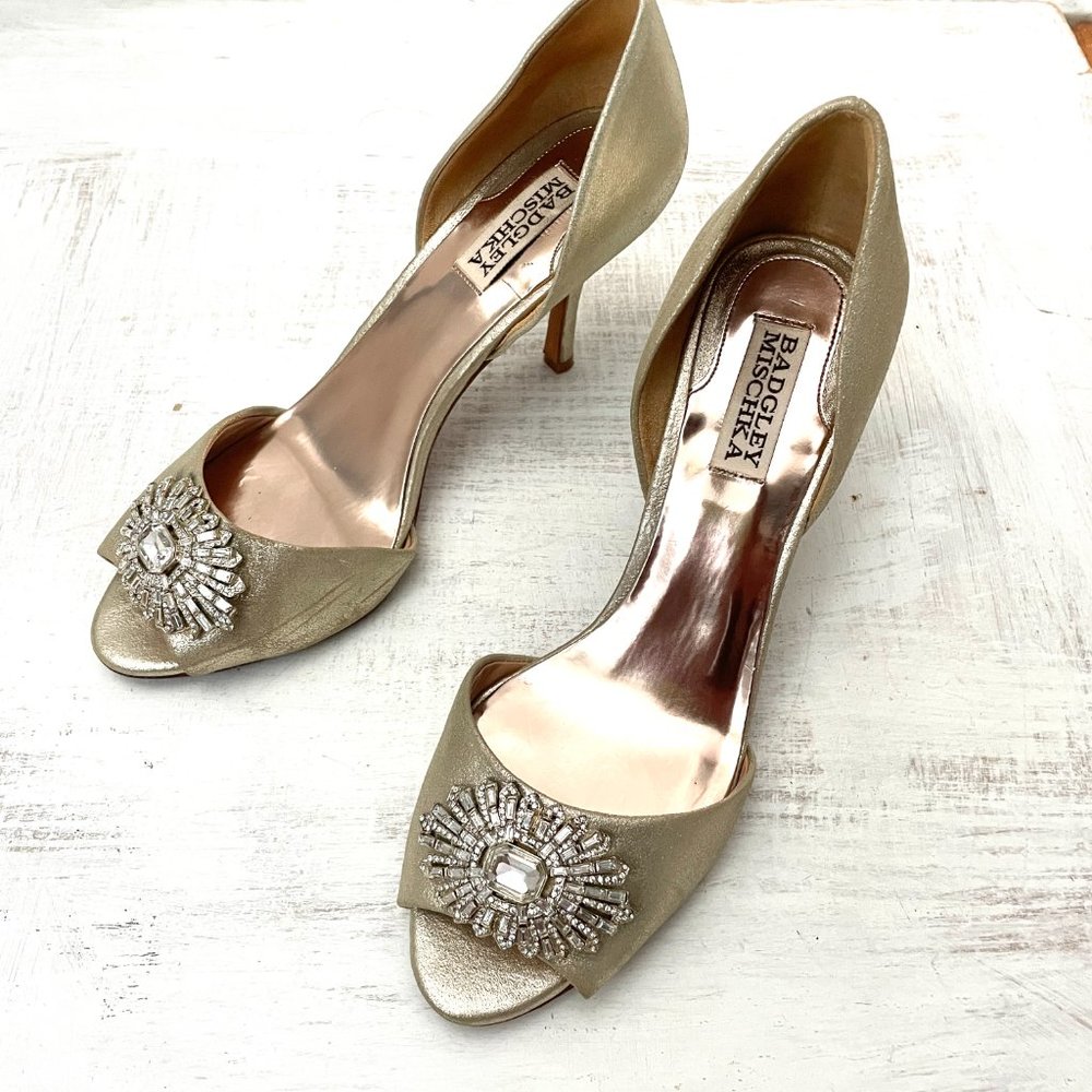 Badgley Mischka Champagne D'Orsay Peep Toe Heels with Rhinestones Size 8 - Picture 2 of 13